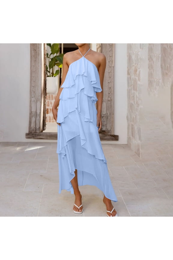 Women's Sundresses Ruffle Layered Halter Flowy Maxi Dress Elegant Wedding Guest Dresses Blue M(M)