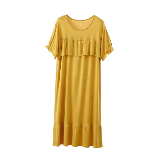 Puntoco Women's Tiered Ruffle Modal Nightgown, Crew Neck Short Sleeve Loose Midi Loungewear Dress