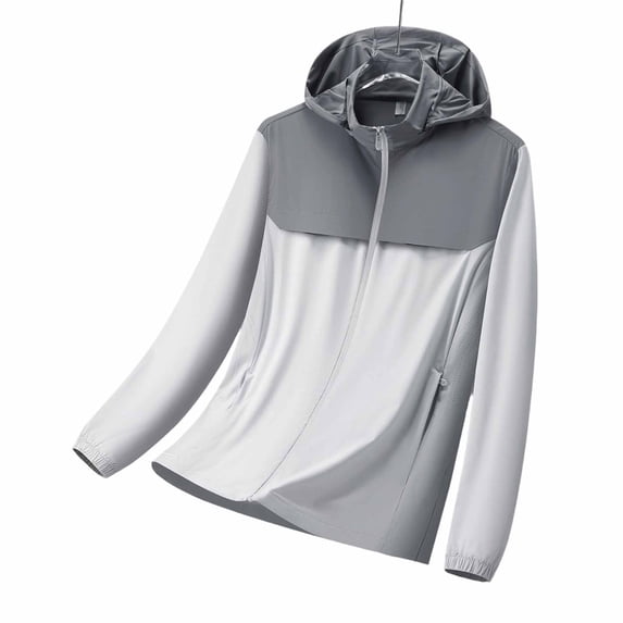 Puntoco Women's UPF 50+ Sun Protection Hooded Jacket, Color Block Lightweight Zip-Up Long Sleeve UV Protection Top for Hiking Outdoor Activities Gray XL