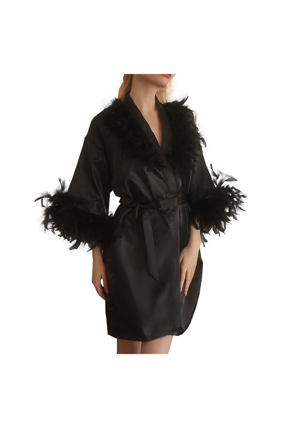 Women's V-Neck Feather Trim Satin Bridal Robe, Kimono Wrap Short Sleep Robe for Wedding & Boudoir Black L