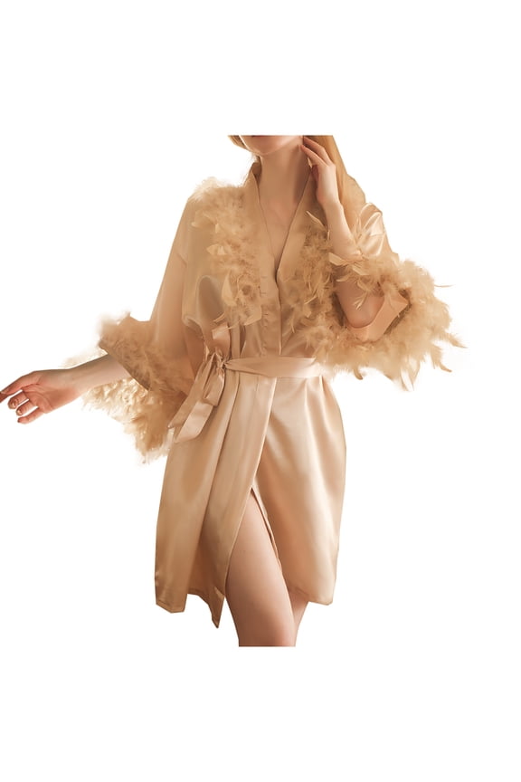 Women's V-Neck Feather Trim Satin Bridal Robe, Kimono Wrap Short Sleep Robe for Wedding & Boudoir Gold L