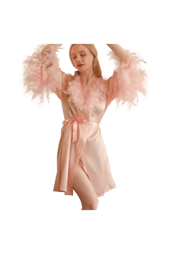 Women's V-Neck Feather Trim Satin Bridal Robe, Kimono Wrap Short Sleep Robe for Wedding & Boudoir Pink M