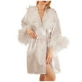 thumbnail image 1 of Puntoco Women's V-Neck Feather Trim Satin Bridal Robe, Kimono Wrap Short Sleep Robe for Wedding & Boudoir White XL, 1 of 9