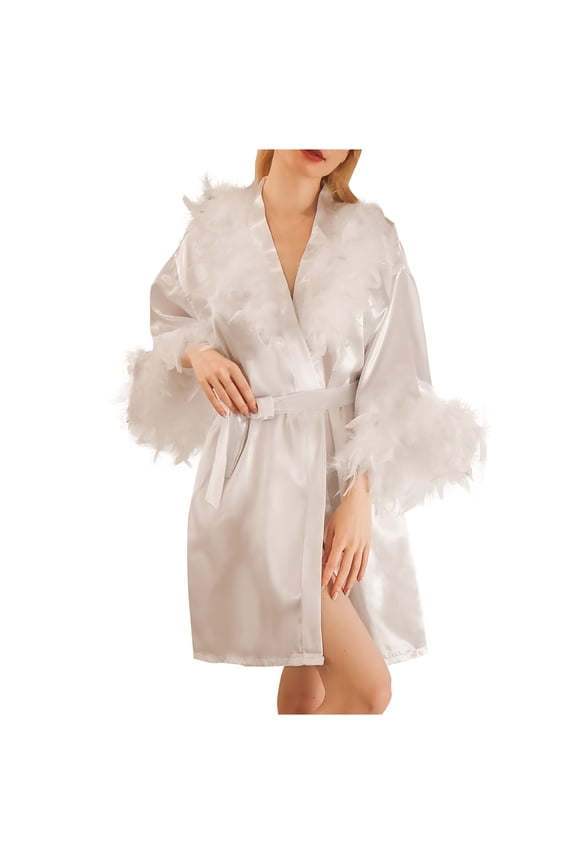 Women's V-Neck Feather Trim Satin Bridal Robe, Kimono Wrap Short Sleep Robe for Wedding & Boudoir White XXL