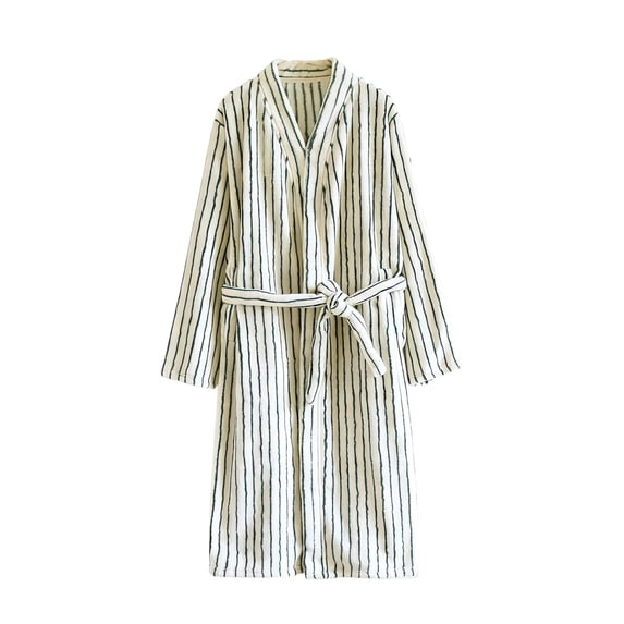 Puntoco Women's V Neck Striped Wrap Bathrobe, Soft Long Sleeve thermal Sleep Robe with Tie Belt & Pockets for Fall Winter Green M