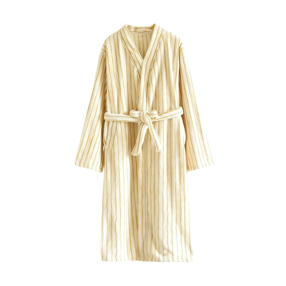 Puntoco Women's V Neck Striped Wrap Bathrobe, Soft Long Sleeve thermal Sleep Robe with Tie Belt & Pockets for Fall Winter Yellow M