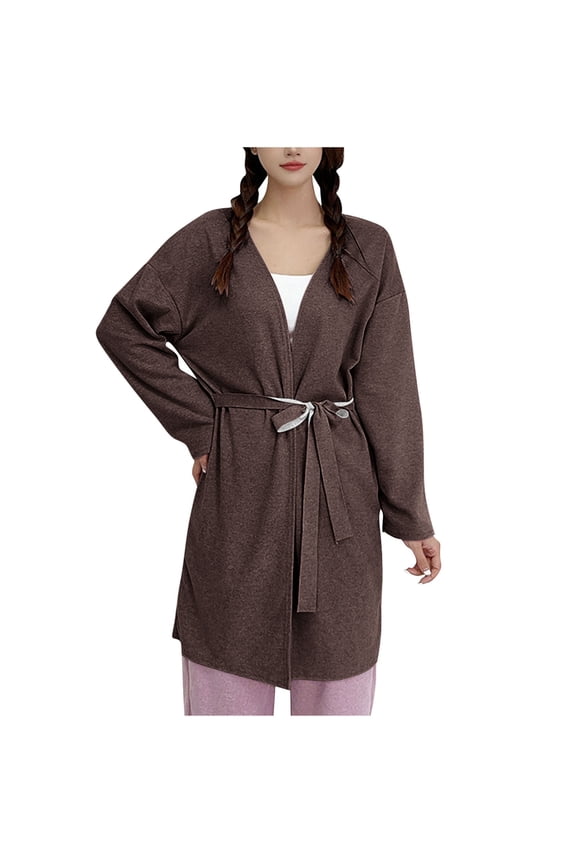 Women's V-Neck thermal Wrap Robe, Warm Oversized Mid Length Sleep Robe with Tie Belt for Fall Winter Coffee M