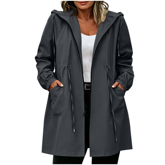 Puntoco Women's Waterproof Hooded Rain Jacket, Windproof Drawstring Waist Outdoor Coat Casual Lightweight Outdoor Raincoat for Women Dark Gray L