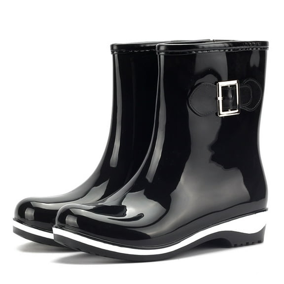 Puntoco Women’s Waterproof Jelly Color Hasp High, Low Heel Rain Boots Black, Size 36-41