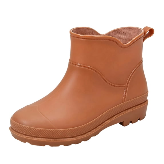 Puntoco Women's Waterproof Rain Boots, Thick Non-Slip Sole Mid Heel Comfort Ankle Rubber Short Boots for Wading Gardening Outdoor Brown 8.5
