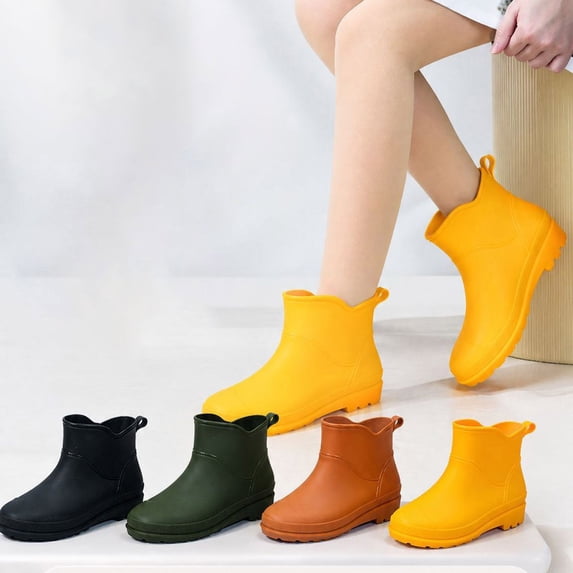 Puntoco Women's Waterproof Rain Boots, Thick Non-Slip Sole Mid Heel Comfort Ankle Rubber Short Boots for Wading Gardening Outdoor Yellow 8.5