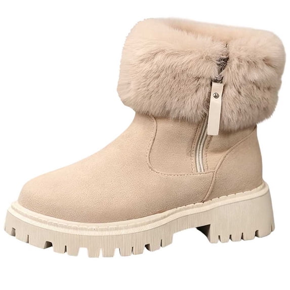 Puntoco Women's Winter Snow Boots Fuzzy Mini Ankle Booties WarmZipper Suede,Fall Winter Short Boots Beige