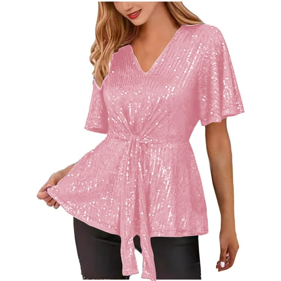 Puntoco Women tops for Summer Women's Sparkly Sequin Tops Peplum V Neck Tie Front Short Bell Sleeve Shirts Glitter Blouses Dressy Party Top Pink 6(S)