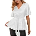 thumbnail image 1 of Puntoco Women tops for Summer 2025 Clearance Women's Sparkly Sequin Tops Peplum V Neck Tie Front Short Bell Sleeve Shirts Glitter Blouses Dressy Party Top White 12(XL), 1 of 5