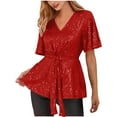 thumbnail image 1 of Puntoco Women tops for Summer Women's Sparkly Sequin Tops Peplum V Neck Tie Front Short Bell Sleeve Shirts Glitter Blouses Dressy Party Top Red 8(M), 1 of 5