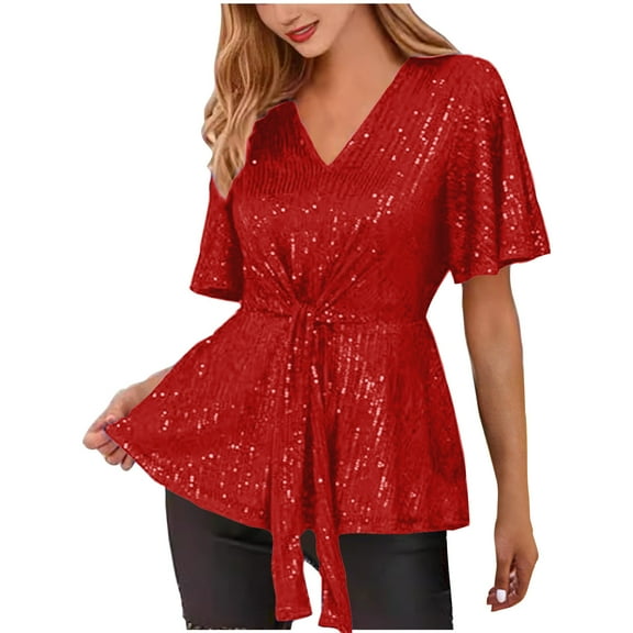 Puntoco Women tops for Summer Women's Sparkly Sequin Tops Peplum V Neck Tie Front Short Bell Sleeve Shirts Glitter Blouses Dressy Party Top Red 8(M)