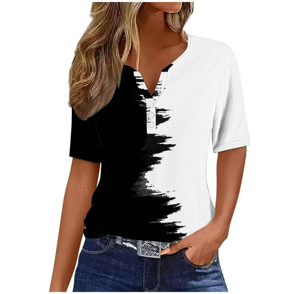Puntoco Women tops for Summer Women's Summer Printed Button V-neck Short Sleeved Casual Loose Spring Printed Top Short Sleeved V-neck Top/shirt White 8(L)