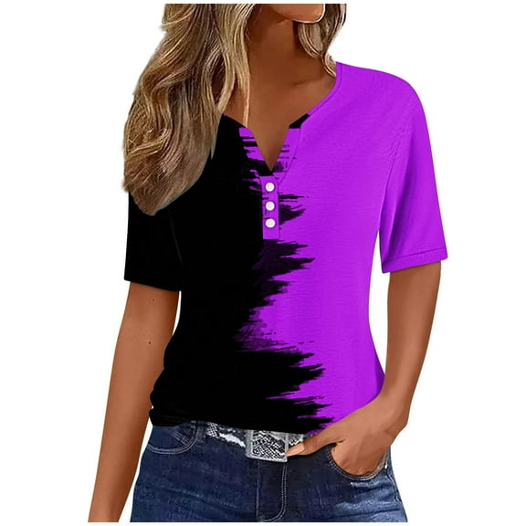 Puntoco Women tops for Summer Women's Summer Printed Button V-neck Short Sleeved Casual Loose Spring Printed Top Short Sleeved V-neck Top/shirt Purple 8(L)