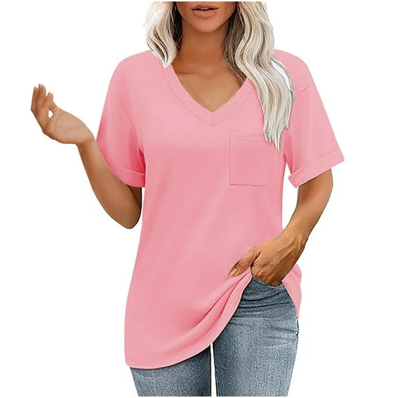 Puntoco Women tops for Summer Women Oversized T Shirts V Neck Short Sleeve Tees Casual Loose Tunic Summer Tops with Pocket Pink L(L)