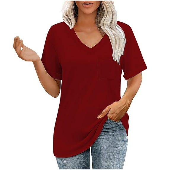 Puntoco Women tops for Summer 2025 Clearance Women Oversized T Shirts V Neck Short Sleeve Tees Casual Loose Tunic Summer Tops with Pocket Wine XL(XL)
