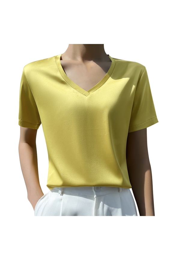 Women tops for Summer Womens Summer Casual Blouses Puff Sleeve V Neck Chiffon Tunics Loose Fit Work Shirts Tops Yellow M(M)
