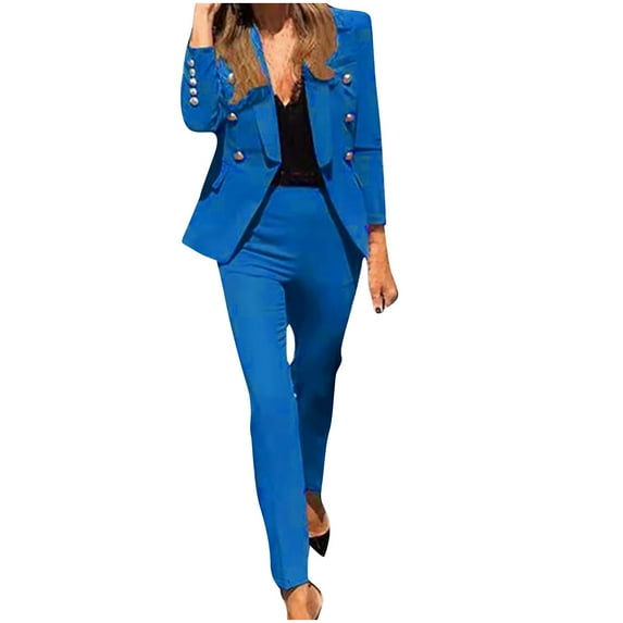 Puntoco Womens Business Suit Clearance,Women'S Long Sleeve Solid Suit Pants Elegant Business Suit Sets Blue 12(XXL)