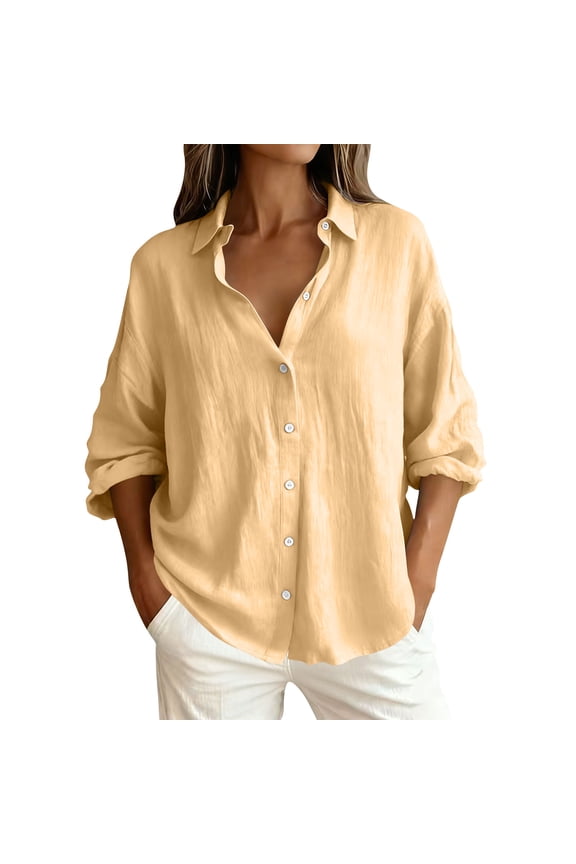 Womens Button Down Shirts cotton linen Dress Shirts Oxford Shirts Long Sleeve Work Blouses Collared Tops Tunics with Pocket Yellow S(S)