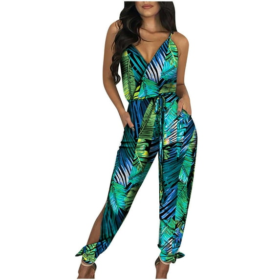 Puntoco Womens Clearance Pants,Womens Wide Leg Pants Striped Printed Sling Hollow Leg Siamese Pants with Belt Green