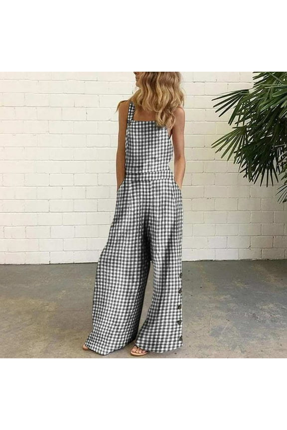 Womens Colored Jeans for Work Women Sleeveless Overalls Jumpsuit Casual Plaid Print Summer Wide Leg Bib Pants On Clearance Black 10(XL)