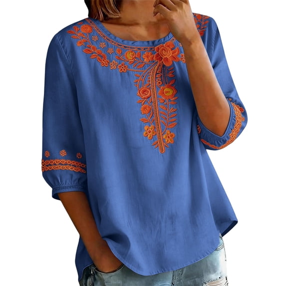 Puntoco Womens Cotton Linen Embroidered 3/4 Sleeve Summer Crew Neck Tunic Bohemian Tops Boho Clothes for Women