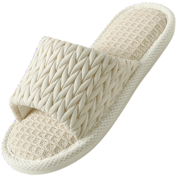 Puntoco Womens House Slippers Summer Open Toe Tatami Straw Men's Indoor Shoes,Bedroom Linen Lightweight Slip Silent Slippers White 36