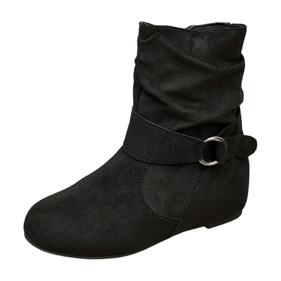 Puntoco Womens Low Heel Slouch Suede Slip On Casual Ankle Boots with Ring Buckle and Side Zipper Fall Winter Boots Black