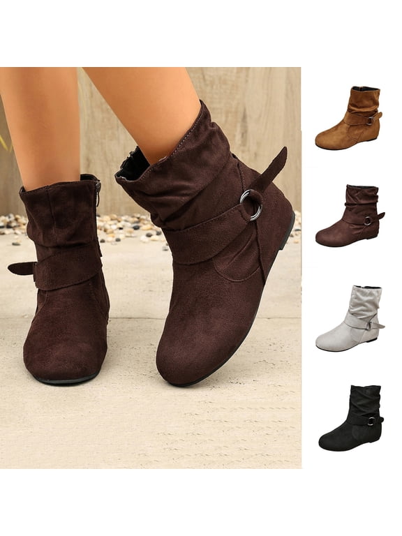 Womens Low Heel Slouch Suede Slip On Casual Ankle Boots with Ring Buckle and Side Zipper Fall Winter Boots Gray