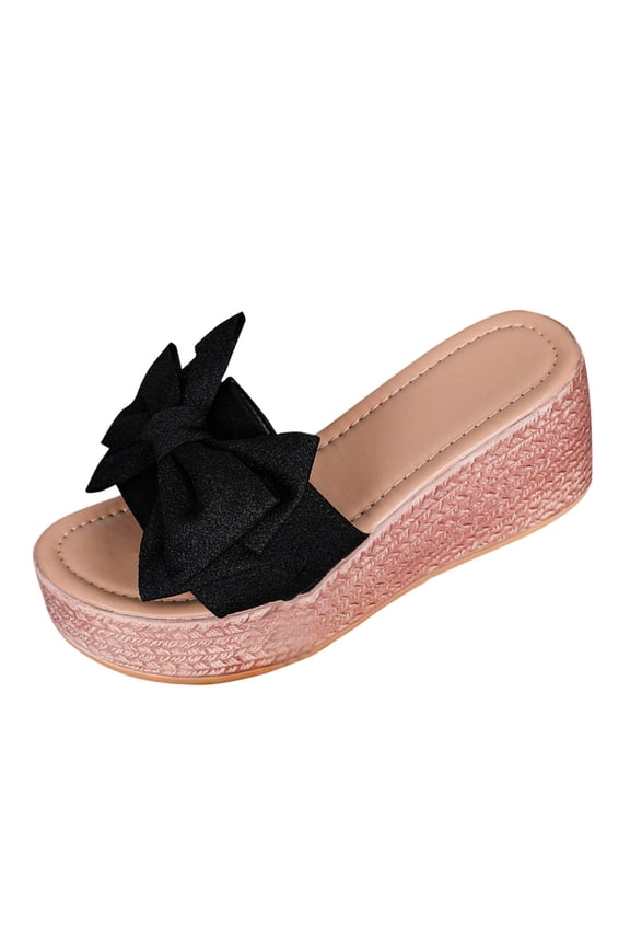 Womens Platform Espadrilles Slip On Wedge Sandals Bow Tie Open Toe Slides Shoes Black 9(42)