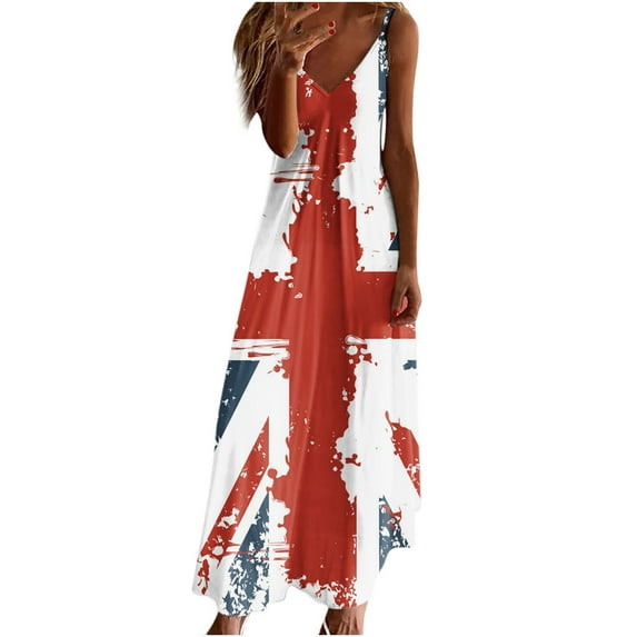 Puntoco Womens Plus Size Clearance Dresses,Independence Day Women Sling Mid-waist V-neck Sleeveless Stripe Printing Slim Beach Long Dress White 10(XL)