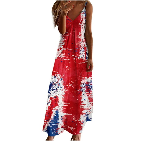 Puntoco Womens Plus Size Clearance Dresses,Independence Day Women Sling Mid-waist V-neck Sleeveless Stripe Printing Slim Beach Long Dress Wine 14(XXXL)