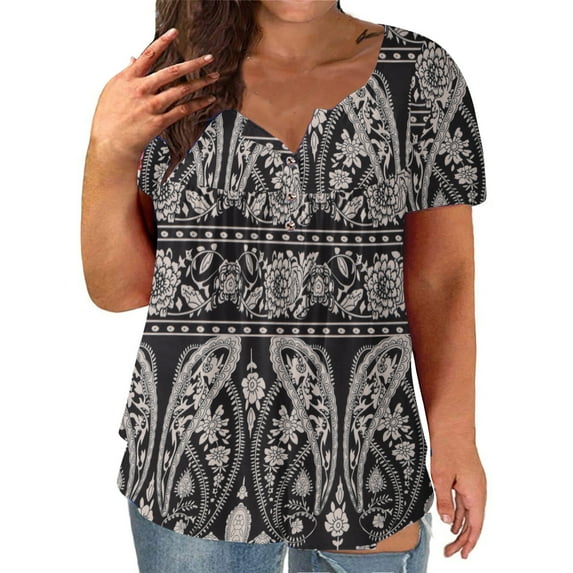 Puntoco Womens Plus Size Clearance,Women Plus Size V-Neck Flowers Print Button Short Sleeve Tops T-Shirt Blouse Gray