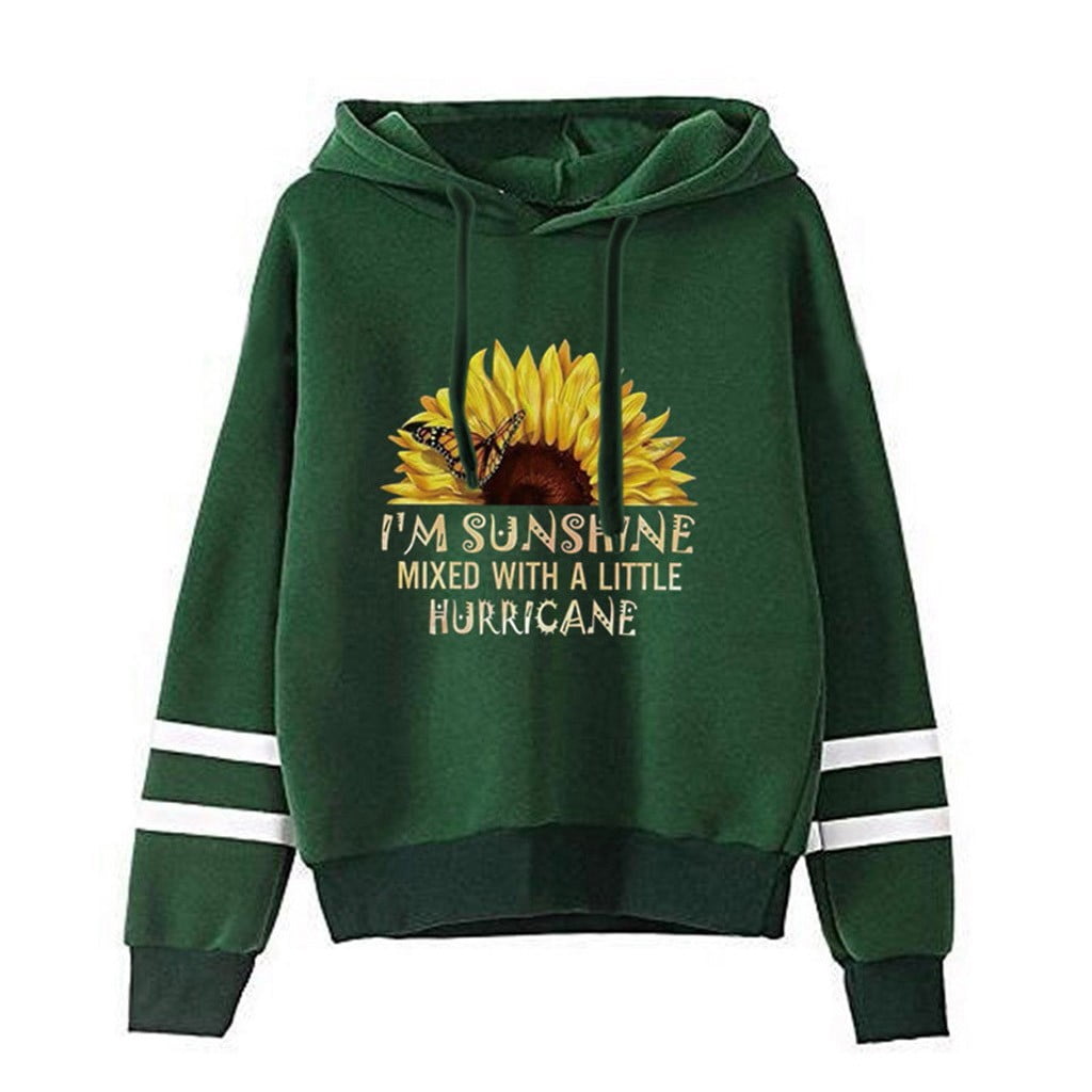 Puntoco Womens Plus Size Clearance Women S Lightweight Long Sleeve Sunflower Print Pullover Hooded Tops Green Walmart
