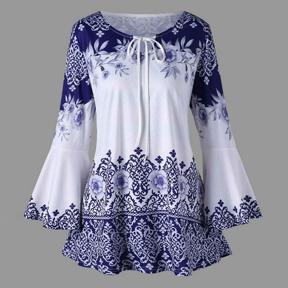 Puntoco Womens Plus Size Clearance,Womens Plus Size Printed Flare Sleeve Tops Blouses Keyhole T-Shirts Blue XL(XL