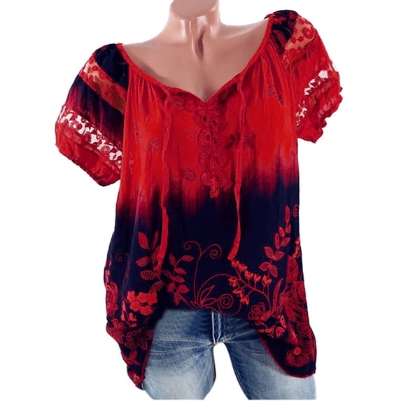 Puntoco Womens Plus Size Summer Shirts Women Short Sleeve V-Neck Lace Printed Lace Tops Loose T-Shirt Blouse Tops Red 6(M)