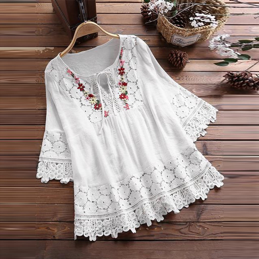 Puntoco Womens Plus Size Summer Shirts Women Vintage Lace Puntoco Womens Plus Size Summer Shirts Women Vintage Lace