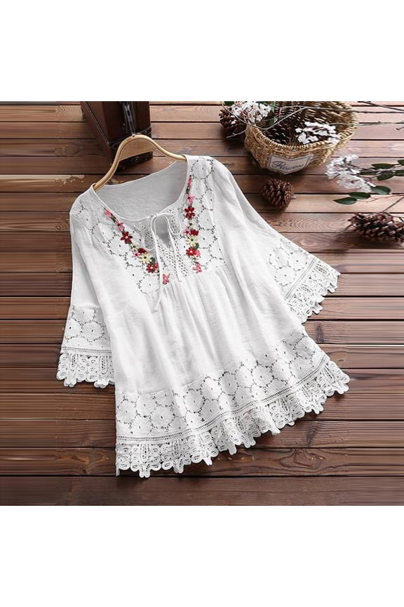 Womens Plus Size Summer Shirts Women Vintage Lace Patchwork Bow V-Neck Three Quarter Blouses Top T-Shirt White 24(XXXXL)