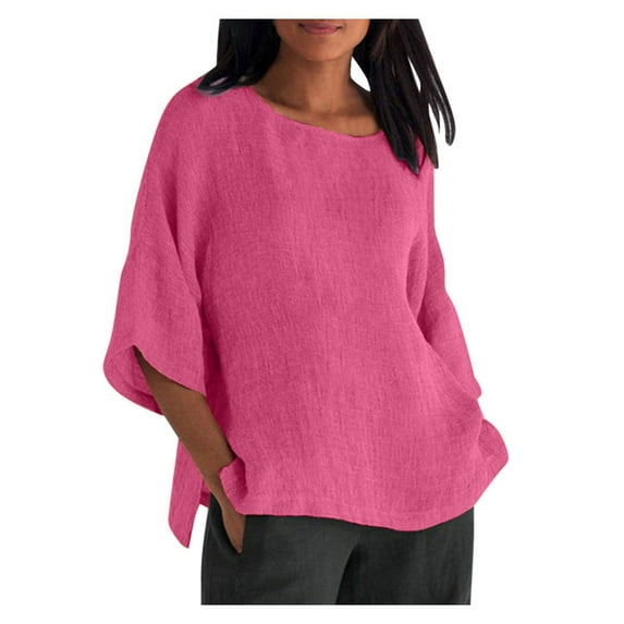 Puntoco Womens Plus Size Tops Clearance,Women'S Summer Cropped Sleeves Cotton Line Loose Shirt Blouse Hot Pink