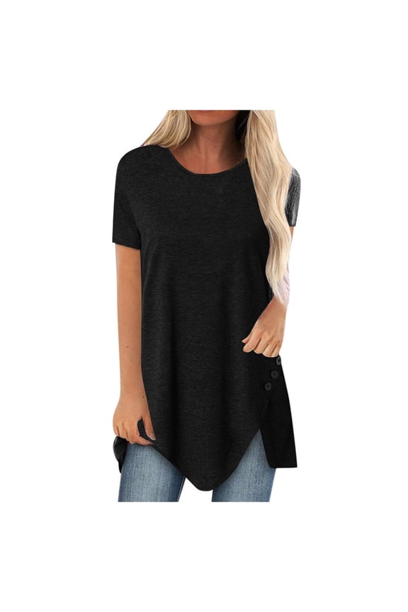 Womens Plus Size Tops,Plus Size Button Solid Short Sleeve Irregular T-Shirt Blouse Tops