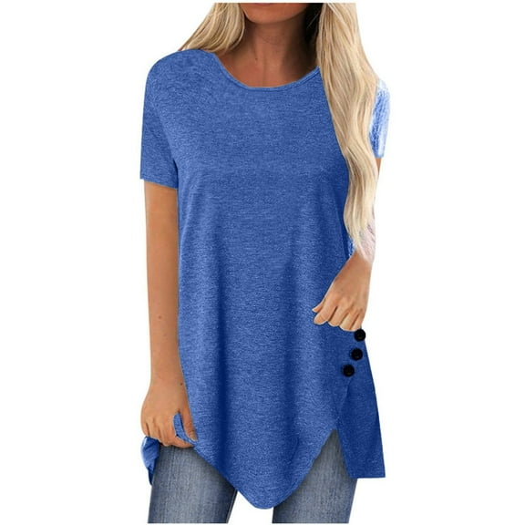 Puntoco Womens Plus Size Tops,Plus Size Button Solid Short Sleeve Irregular T-Shirt Blouse Tops
