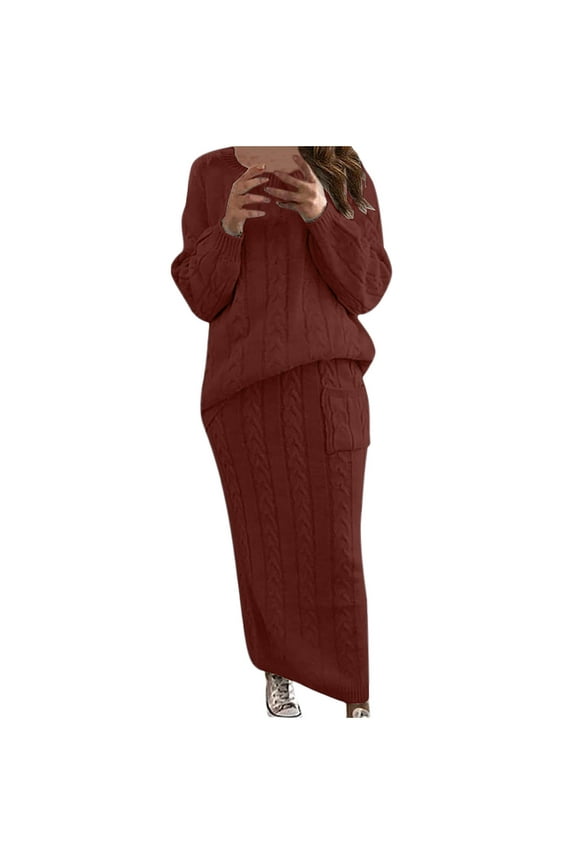 Womens Plus Sweater Clearance Womens Solid Color Long Sleeve Cable Knitted Warm Two-Piece Skirt Sweater Suit Set Wine 18(Xxxxxl)