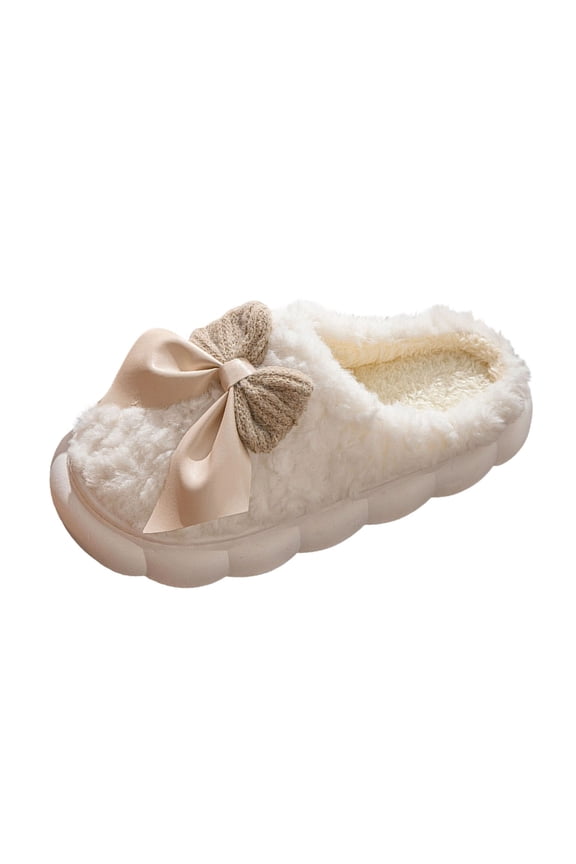 Womens Plush Memory Foam Scuff bow Slippers in winter, Fluffy Warm Micro Terry House Shoes, Comfy Slip On Bedroom Slipper Beige 5.5-6(36)