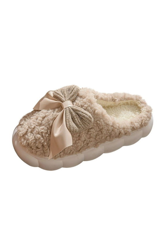 Womens Plush Memory Foam Scuff bow Slippers in winter, Fluffy Warm Micro Terry House Shoes, Comfy Slip On Bedroom Slipper Coffee 5.5-6(36)