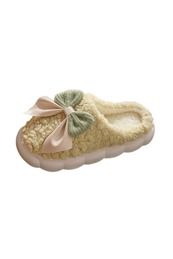 Womens Plush Memory Foam Scuff bow Slippers in winter, Fluffy Warm Micro Terry House Shoes, Comfy Slip On Bedroom Slipper Green 6.5-7(38)