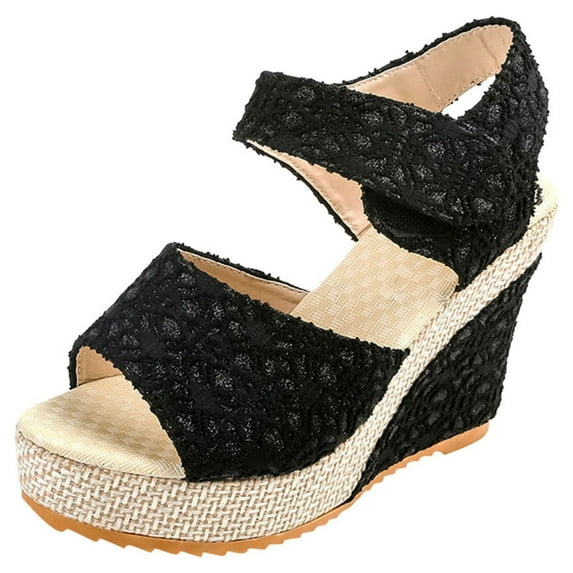 Puntoco Womens Sandals Clearance,Womens Wedge Platform Slingback Open Toe Summer Comfy High Heel Beach Sandals Black 5(36)